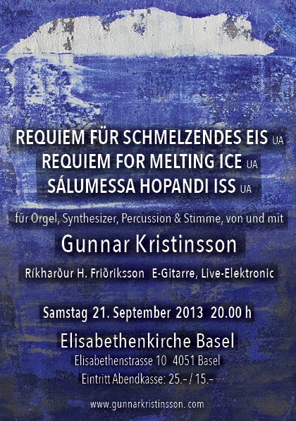 Sa 21.09.2013 20.00 "Requiem für schmelzendes Eis" Konzert Gunnar Kristinsson "Requiem für schmelzendes Eis" von Gunnar Kristinsson für Orgel, Percussion, Synthesizer und Stimme Gunnar Kristinsson ist auf Island geboren, aufgewachsen und lebte seine ersten 20 Lebensjahre dort. Gletscher und Eis gehörten zu seinen Kindheits- und Jugenderlebnissen. Bei seinen letzten Besuchen auf Island merkte er, wie das Eis tatsächlich wegschmilzt. Ein Gletscher hat seinen Platz in der Welt. Wenn er aber schmilzt, nimmt er Abschied von der Welt: stirbt. Darum auch der Gebrauch des Wortes "Requiem" im Titel, eine Totenmesse für einen verschwundene Gletscher, bzw. für einen Gletscher, der am Verschwinden ist. Der Gletscher hat sich transformiert. Das Instrumentarium von Gunnar Kristinsson mag in erster Linie den Eindruck machen, als ob es ein selbständiges Geschöpf sei, wie es der Gletscher ist. Dann transformiert sich dieses optische Bild in ein Klanggemälde. Dieses Instrumentarium wird einerseits von elektronischen Quellen ge-bildet und anderseits auch von sehr ursprünglichen, archaischen Instrumenten, wie Tam Tams und Gongs. Trotz dieser beiden verschiedenen Klangquellen transformiert sich dieses Klangerlebnis in etwas miteinander lebendes Neues. Reto Cadonau Sa 21.09.2013 20.00 "Requiem für schmelzendes Eis" Konzert Gunnar Kristinsson "Requiem für schmelzendes Eis" von Gunnar Kristinsson für Orgel, Percussion, Synthesizer und Stimme Gunnar Kristinsson ist auf Island geboren, aufgewachsen und lebte seine ersten 20 Lebensjahre dort. Gletscher und Eis gehörten zu seinen Kindheits- und Jugenderlebnissen. Bei seinen letzten Besuchen auf Island merkte er, wie das Eis tatsächlich wegschmilzt. Ein Gletscher hat seinen Platz in der Welt. Wenn er aber schmilzt, nimmt er Abschied von der Welt: stirbt. Darum auch der Gebrauch des Wortes "Requiem" im Titel, eine Totenmesse für einen verschwundene Gletscher, bzw. für einen Gletscher, der am Verschwinden ist. Der Gletscher hat sich transformiert. Das Instrumentarium von Gunnar Kristinsson mag in erster Linie den Eindruck machen, als ob es ein selbständiges Geschöpf sei, wie es der Gletscher ist. Dann transformiert sich dieses optische Bild in ein Klanggemälde. Dieses Instrumentarium wird einerseits von elektronischen Quellen ge-bildet und anderseits auch von sehr ursprünglichen, archaischen Instrumenten, wie Tam Tams und Gongs. Trotz dieser beiden verschiedenen Klangquellen transformiert sich dieses Klangerlebnis in etwas miteinander lebendes Neues. Reto Cadonau